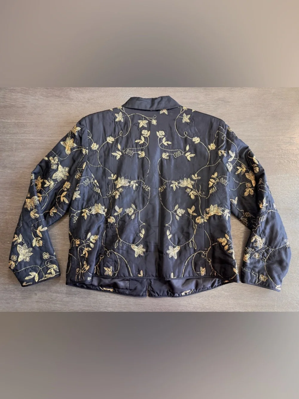 Vintage Silk Quilted Jacket Black Gold Floral Top XL Christina Hope
